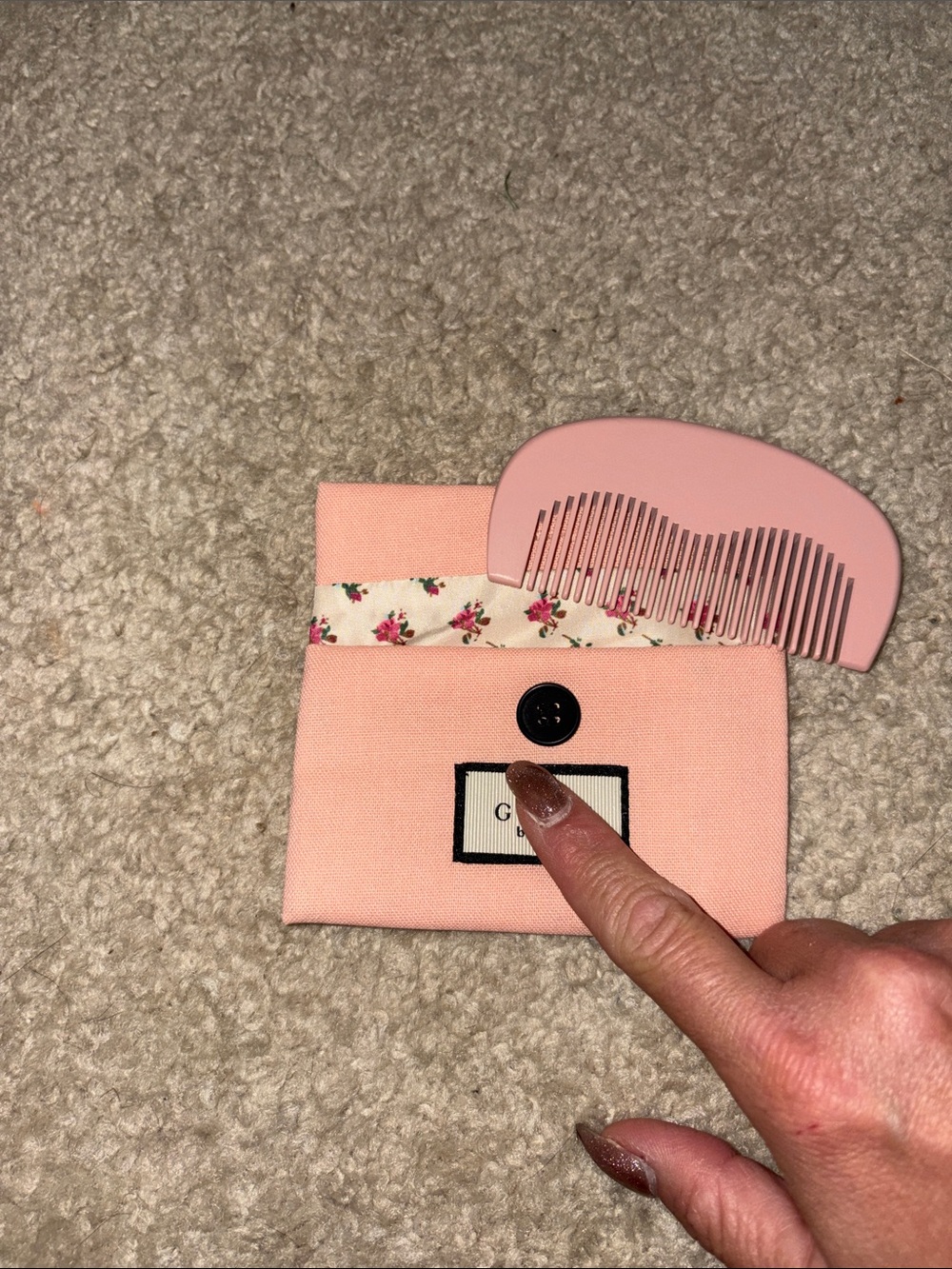 Pink Floral Trim Pocket Comb with Fabric Pouch